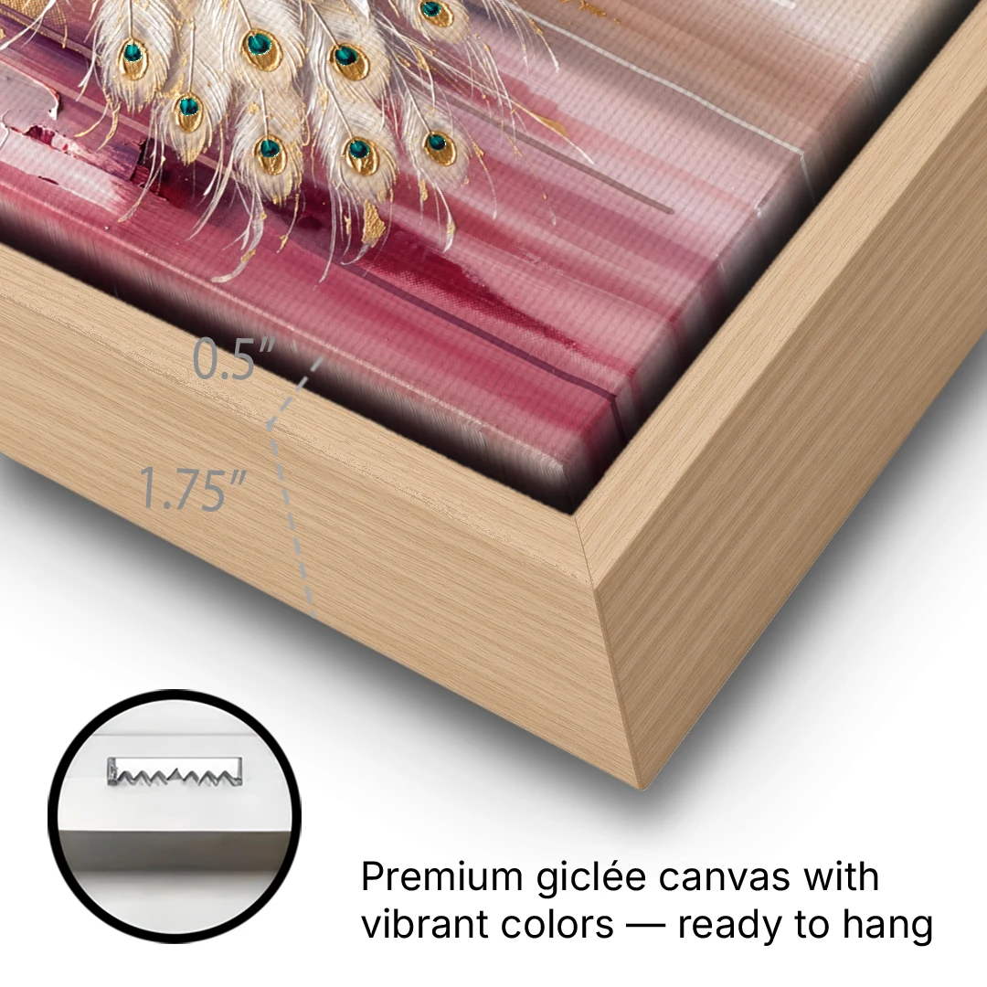 Majestic Peacock Elegance White and Gold - Oak Framed Canvas Wall Art - Gallery Wrap Corner