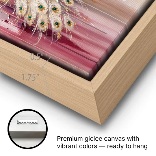 Majestic Peacock Elegance White and Gold - Oak Framed Canvas Wall Art - Gallery Wrap Corner