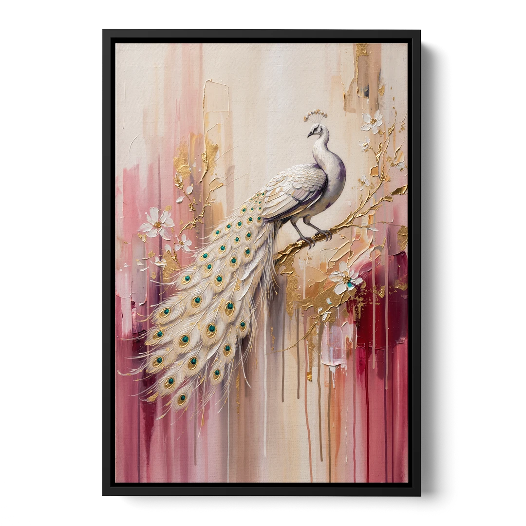 Majestic Peacock Elegance White and Gold - Black Framed Canvas Wall Art - Front