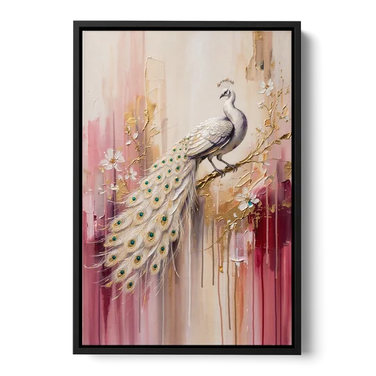 Majestic Peacock Elegance White and Gold - Black Framed Canvas Wall Art - Front