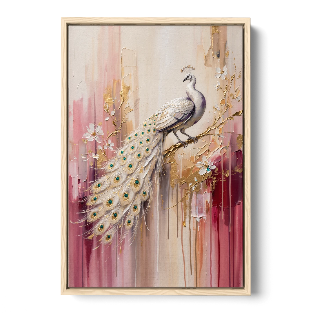 Majestic Peacock Elegance White and Gold - Oak Framed Canvas Wall Art - Front
