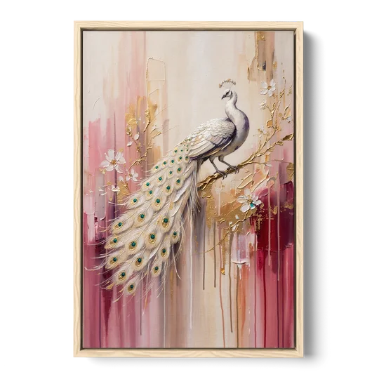 Majestic Peacock Elegance White and Gold - Oak Framed Canvas Wall Art - Front