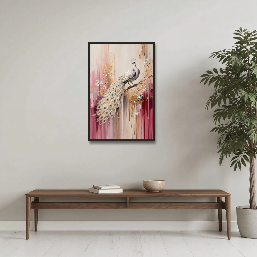 Majestic Peacock Elegance White and Gold - Black Framed Canvas Wall Art - Coffee Table - 24x36