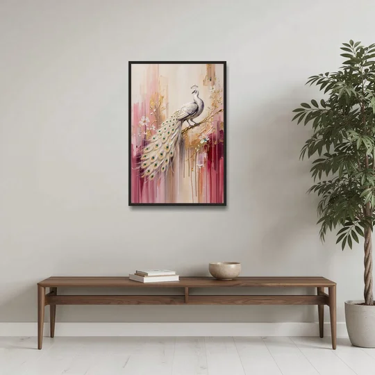 Majestic Peacock Elegance White and Gold - Black Framed Canvas Wall Art - Coffee Table - 24x36