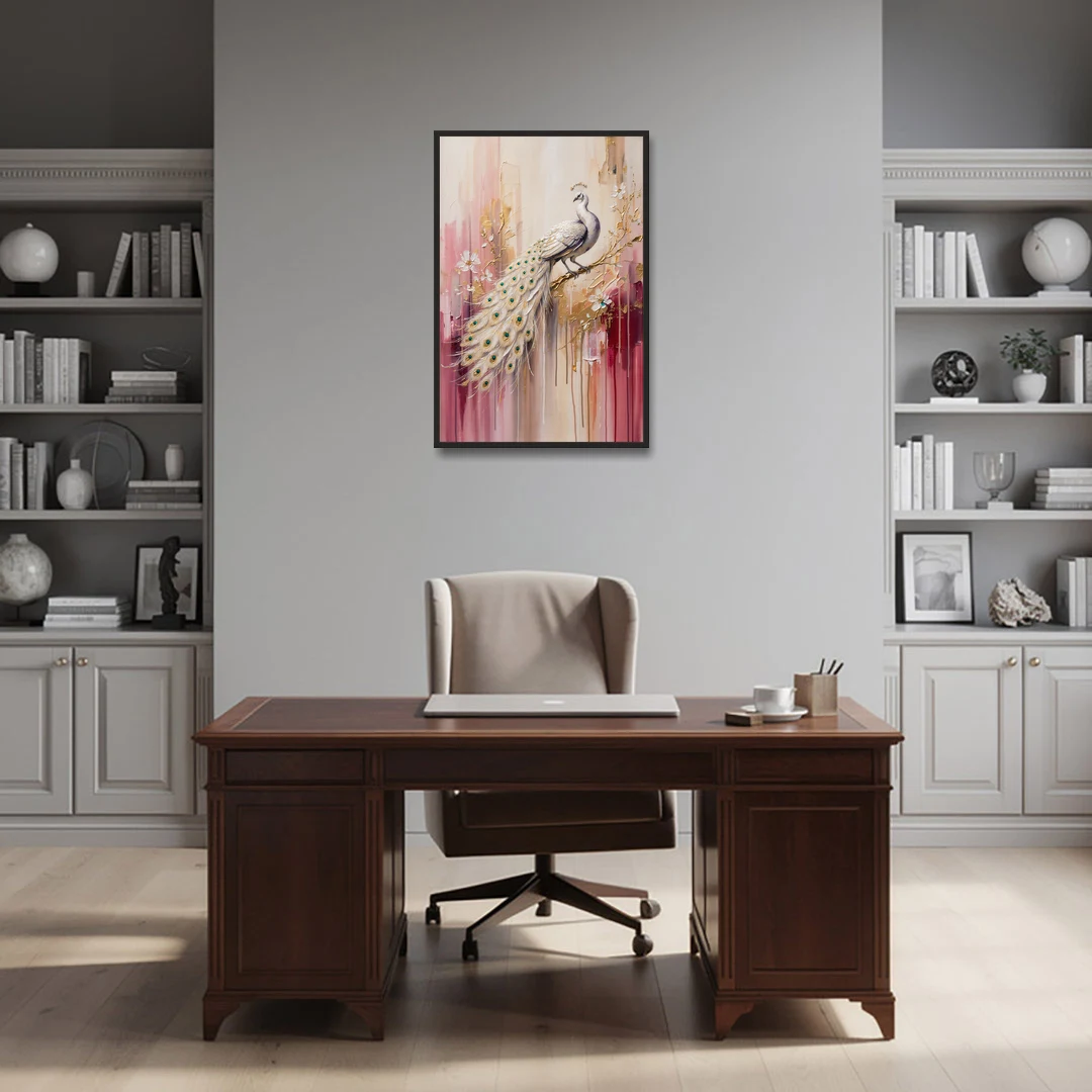 Majestic Peacock Elegance White and Gold - Black Framed Canvas Wall Art - Office - 24x36