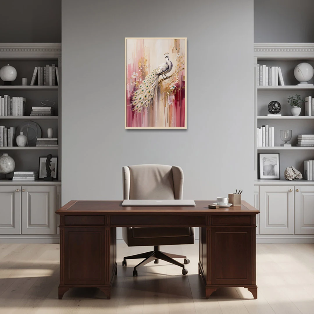 Majestic Peacock Elegance White and Gold - Oak Framed Canvas Wall Art - Office - 24x36