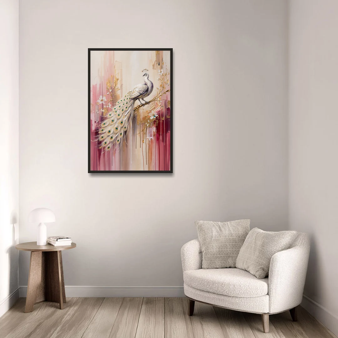 Majestic Peacock Elegance White and Gold - Black Framed Canvas Wall Art - Sofa - 24x36