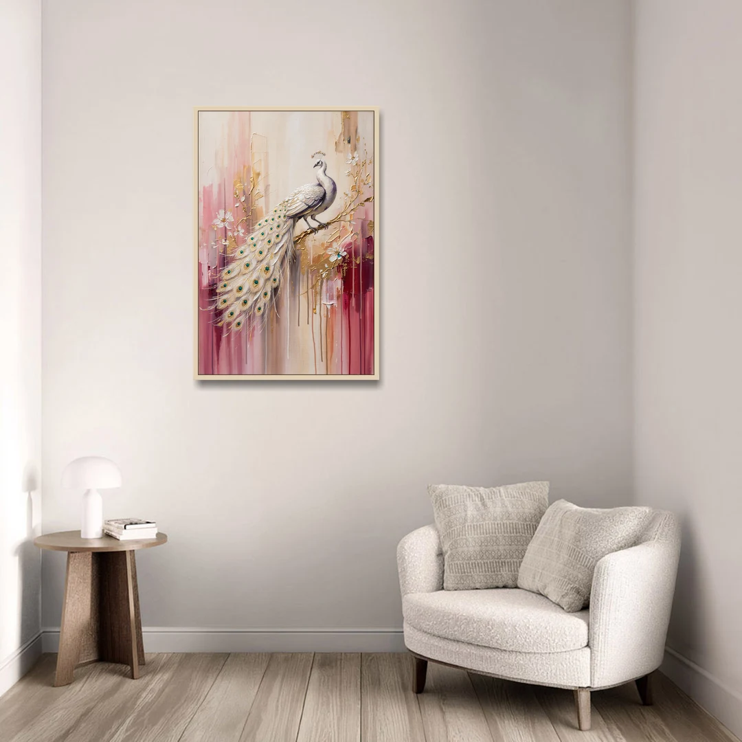 Majestic Peacock Elegance White and Gold - Oak Framed Canvas Wall Art - Sofa - 24x36