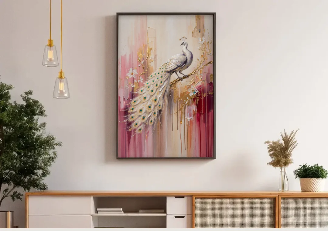 Majestic Peacock Elegance White and Gold canvas wall art above a wooden sideboard under pendant lights