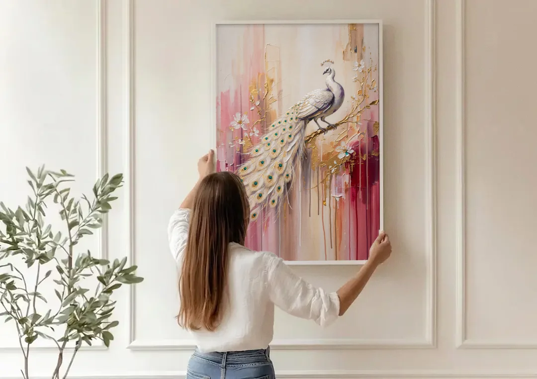 Majestic Peacock Elegance White and Gold canvas wall art being hung on a paneled wall