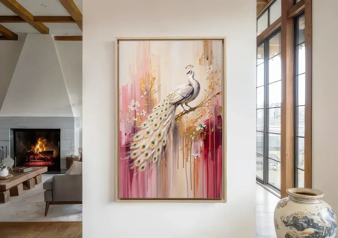 Majestic Peacock Elegance White and Gold canvas wall art in a living room with a fireplace