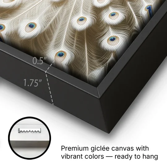 Majestic Peacock in White and Gold - Black Framed Canvas Wall Art - Gallery Wrap Corner