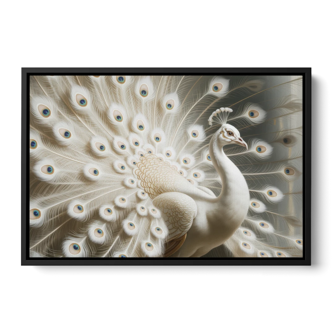Majestic Peacock in White and Gold - Black Framed Canvas Wall Art - Front