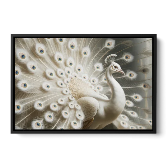 Majestic Peacock in White and Gold - Black Framed Canvas Wall Art - Front