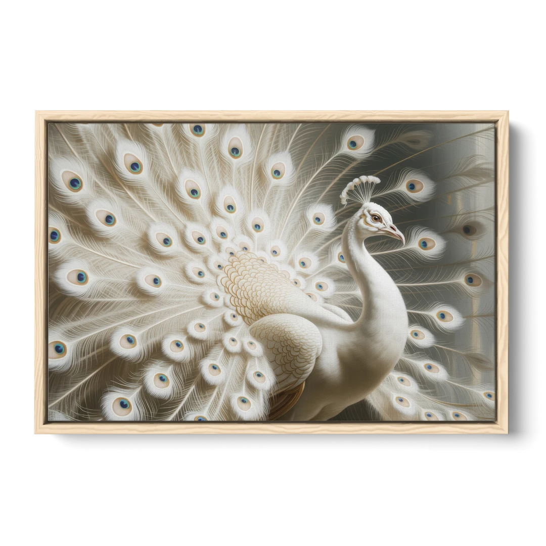 Majestic Peacock in White and Gold - Oak Framed Canvas Wall Art - Front