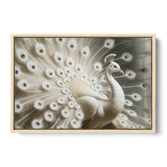 Majestic Peacock in White and Gold - Oak Framed Canvas Wall Art - Front