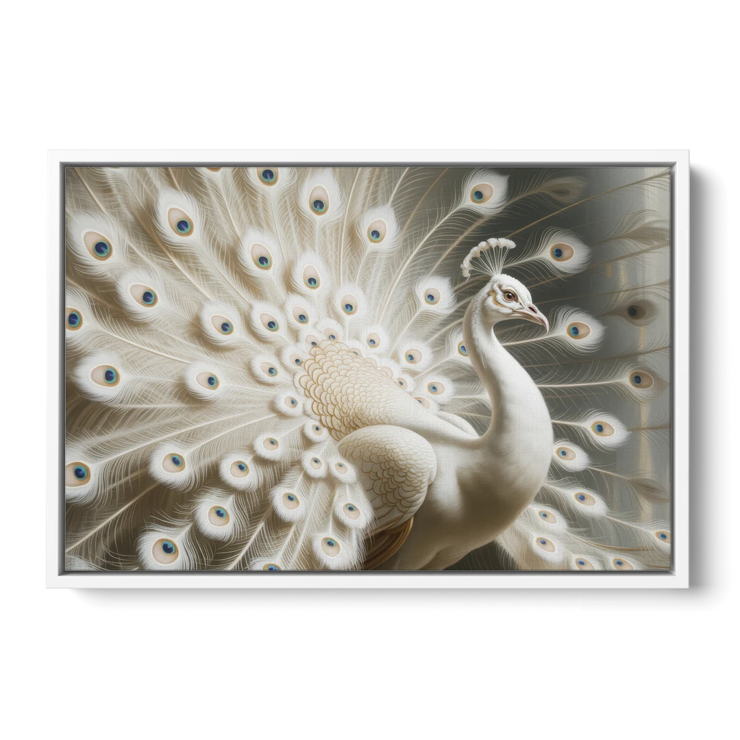Majestic Peacock in White and Gold - White Framed Canvas Wall Art - Front