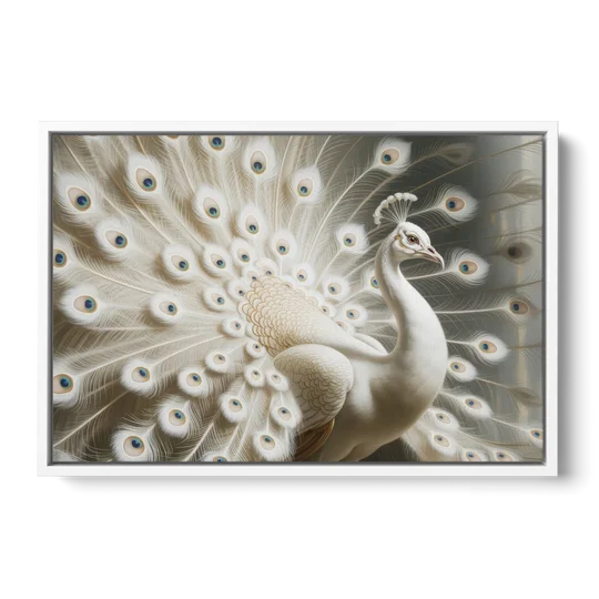 Majestic Peacock in White and Gold - White Framed Canvas Wall Art - Front