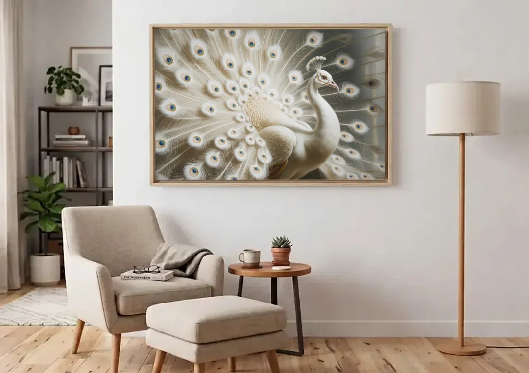Majestic Peacock in White and Gold canvas wall art above an armchair in a bright living room