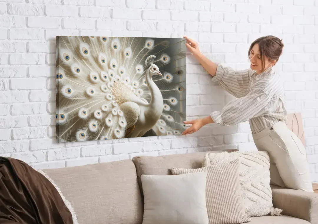 Majestic Peacock in White and Gold canvas wall art being hung on a white brick wall above a sofa