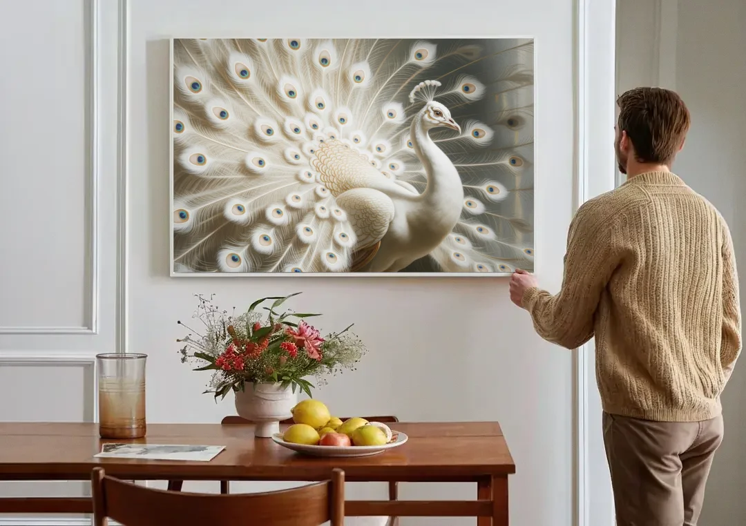 Majestic Peacock in White and Gold canvas wall art above a dining table