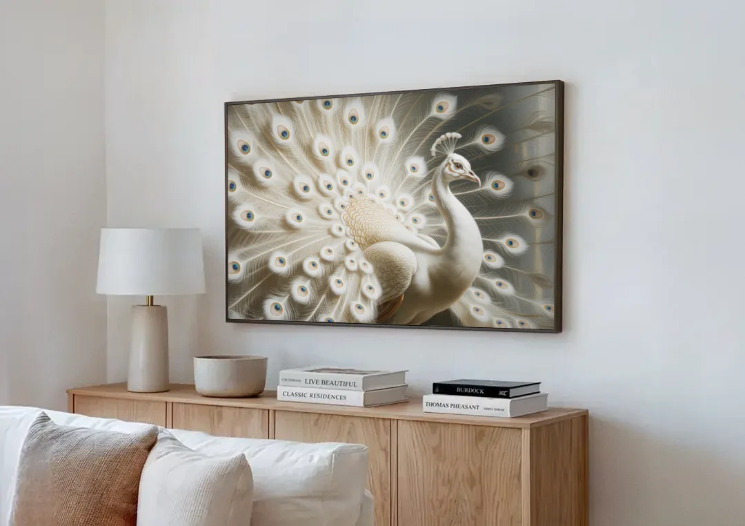 Majestic Peacock in White and Gold canvas wall art above a wooden sideboard next to a sofa