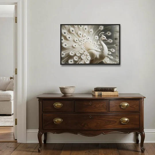 Majestic Peacock in White and Gold - Black Framed Canvas Wall Art - Coffee Table - 36x24