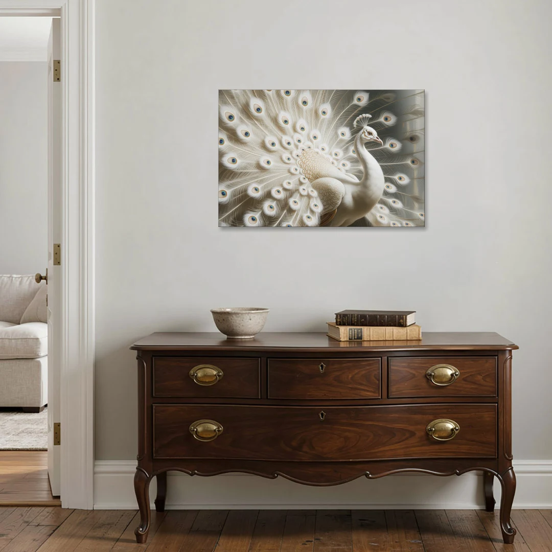 Majestic Peacock in White and Gold - Canvas Wall Art - Coffee Table - 36x24