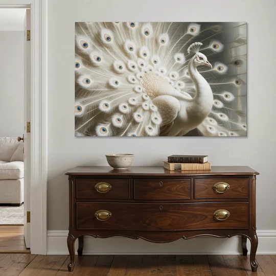 Majestic Peacock in White and Gold - Canvas Wall Art - Coffee Table - 60x40