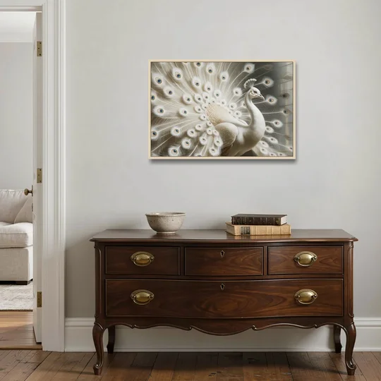 Majestic Peacock in White and Gold - Oak Framed Canvas Wall Art - Coffee Table - 36x24