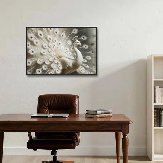 Majestic Peacock in White and Gold - Black Framed Canvas Wall Art - Office - 36x24