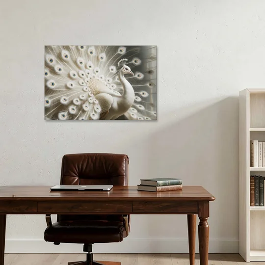 Majestic Peacock in White and Gold - Canvas Wall Art - Office - 36x24