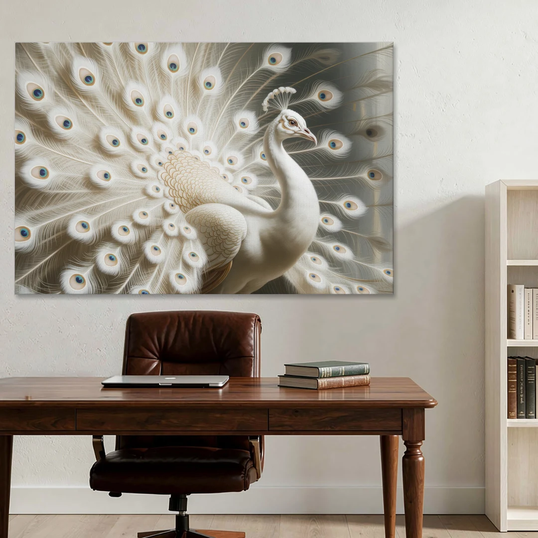 Majestic Peacock in White and Gold - Canvas Wall Art - Office - 60x40