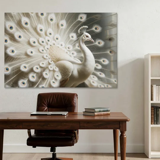 Majestic Peacock in White and Gold - Canvas Wall Art - Office - 60x40