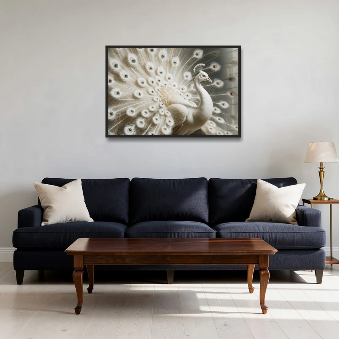 Majestic Peacock in White and Gold - Black Framed Canvas Wall Art - Sofa - 36x24