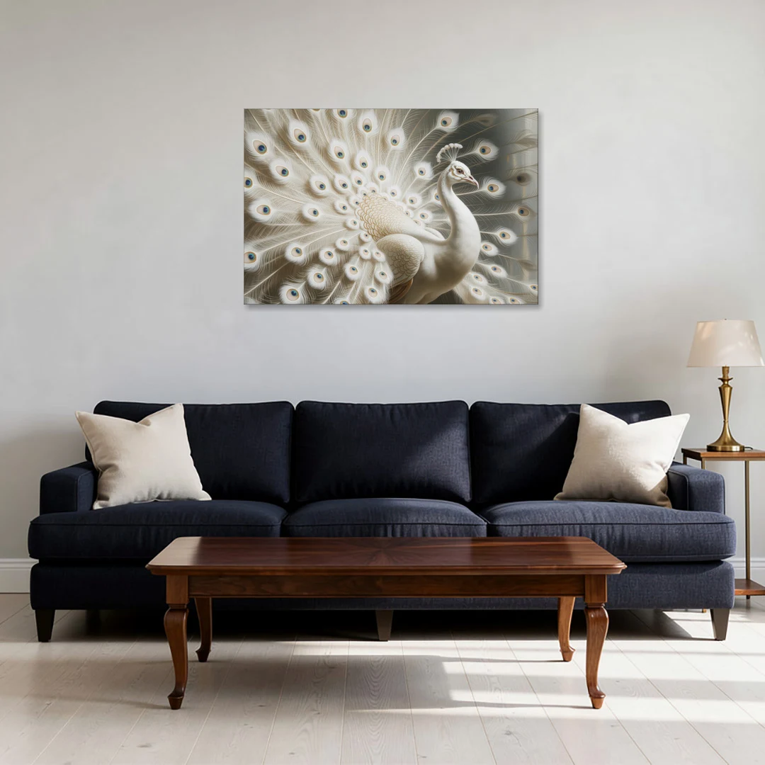 Majestic Peacock in White and Gold - Canvas Wall Art - Sofa - 36x24