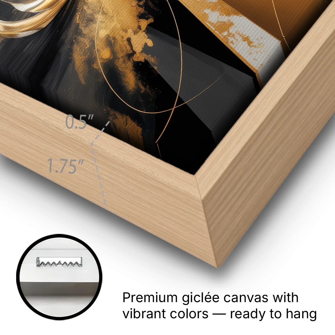Majestic Symmetry Black and Gold Abstract - Oak Framed Canvas Wall Art - Gallery Wrap Corner