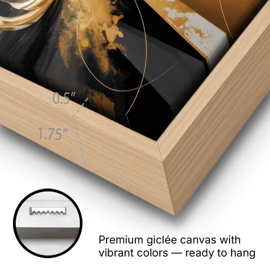 Majestic Symmetry Black and Gold Abstract - Oak Framed Canvas Wall Art - Gallery Wrap Corner