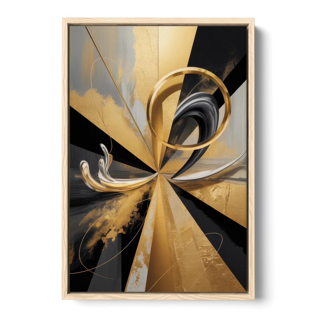 Majestic Symmetry Black and Gold Abstract - Oak Framed Canvas Wall Art - Front