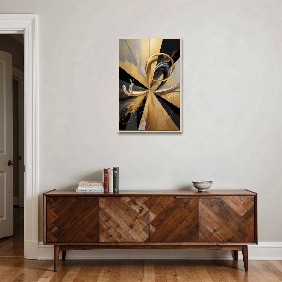 Majestic Symmetry Black and Gold Abstract - Oak Framed Canvas Wall Art - Coffee Table - 24x36
