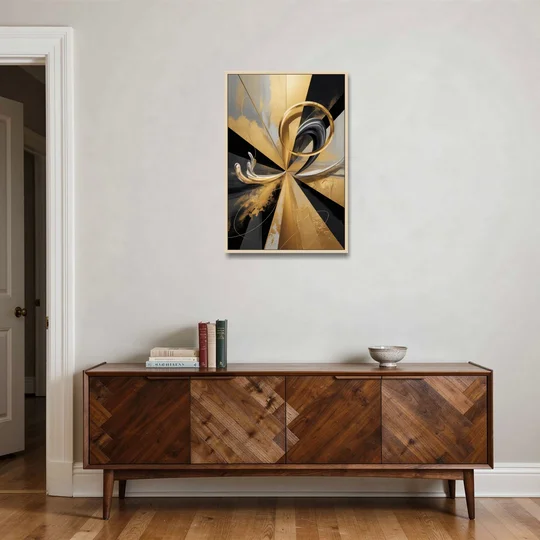 Majestic Symmetry Black and Gold Abstract - Oak Framed Canvas Wall Art - Coffee Table - 24x36