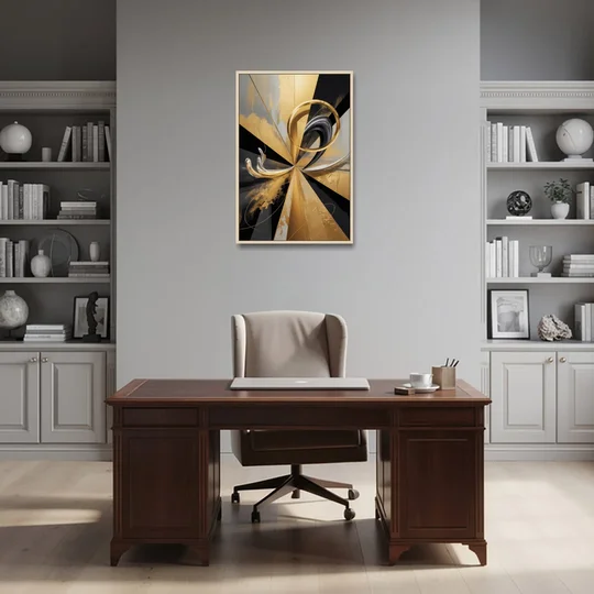 Majestic Symmetry Black and Gold Abstract - Oak Framed Canvas Wall Art - Office - 24x36