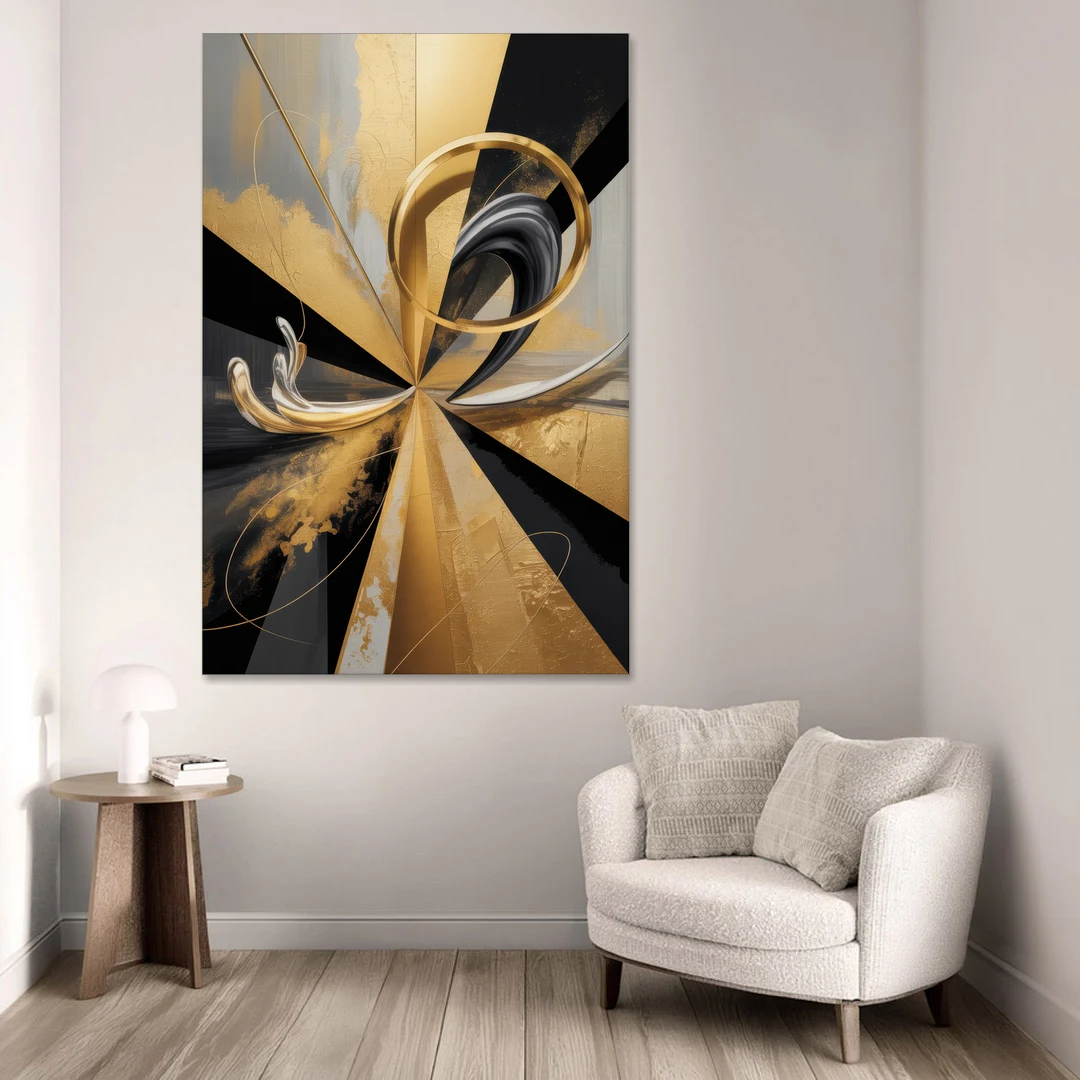 Majestic Symmetry Black and Gold Abstract - Canvas Wall Art - Sofa - 40x60