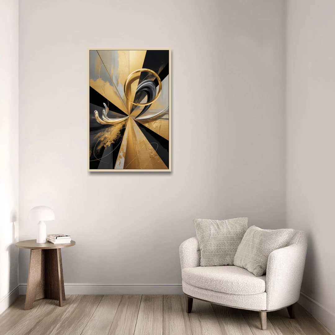 Majestic Symmetry Black and Gold Abstract - Oak Framed Canvas Wall Art - Sofa - 24x36