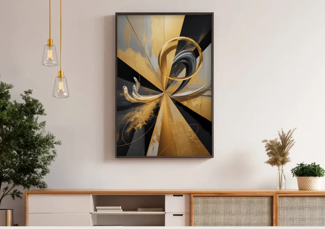 Majestic Symmetry Black and Gold Abstract canvas wall art above a wooden sideboard under pendant lights