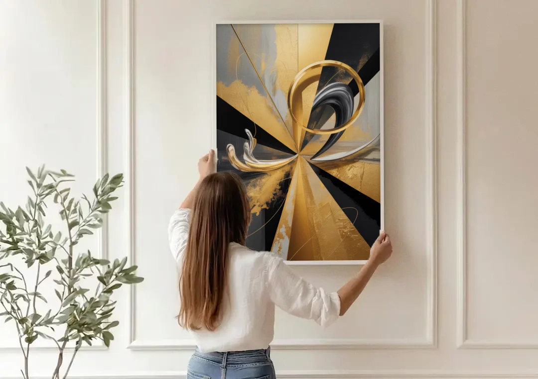 Majestic Symmetry Black and Gold Abstract canvas wall art being hung on a paneled wall