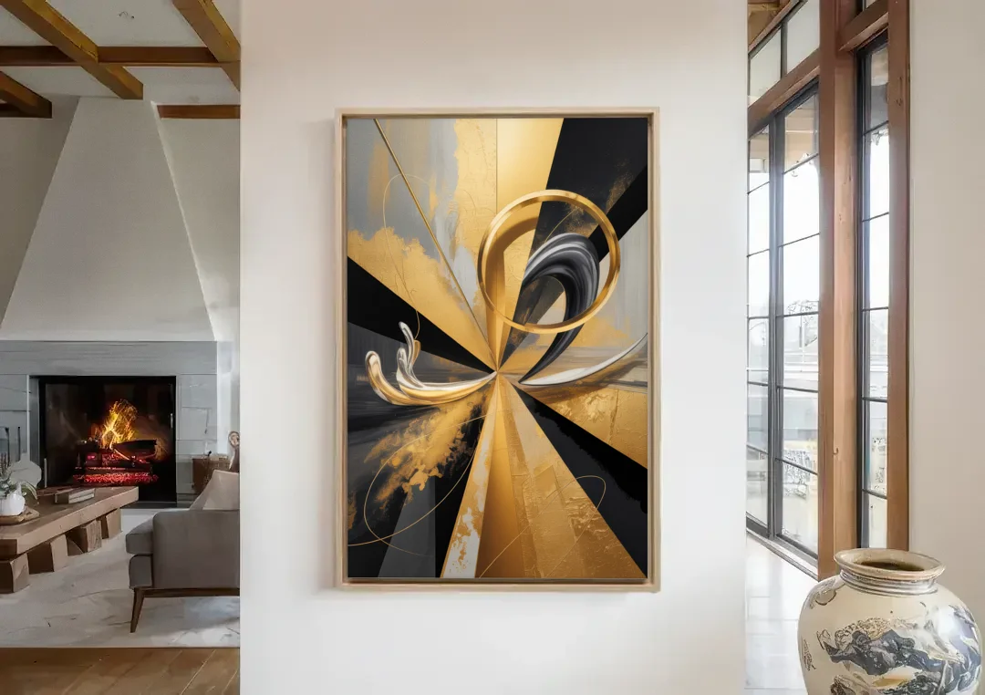 Majestic Symmetry Black and Gold Abstract canvas wall art in a living room with a fireplace