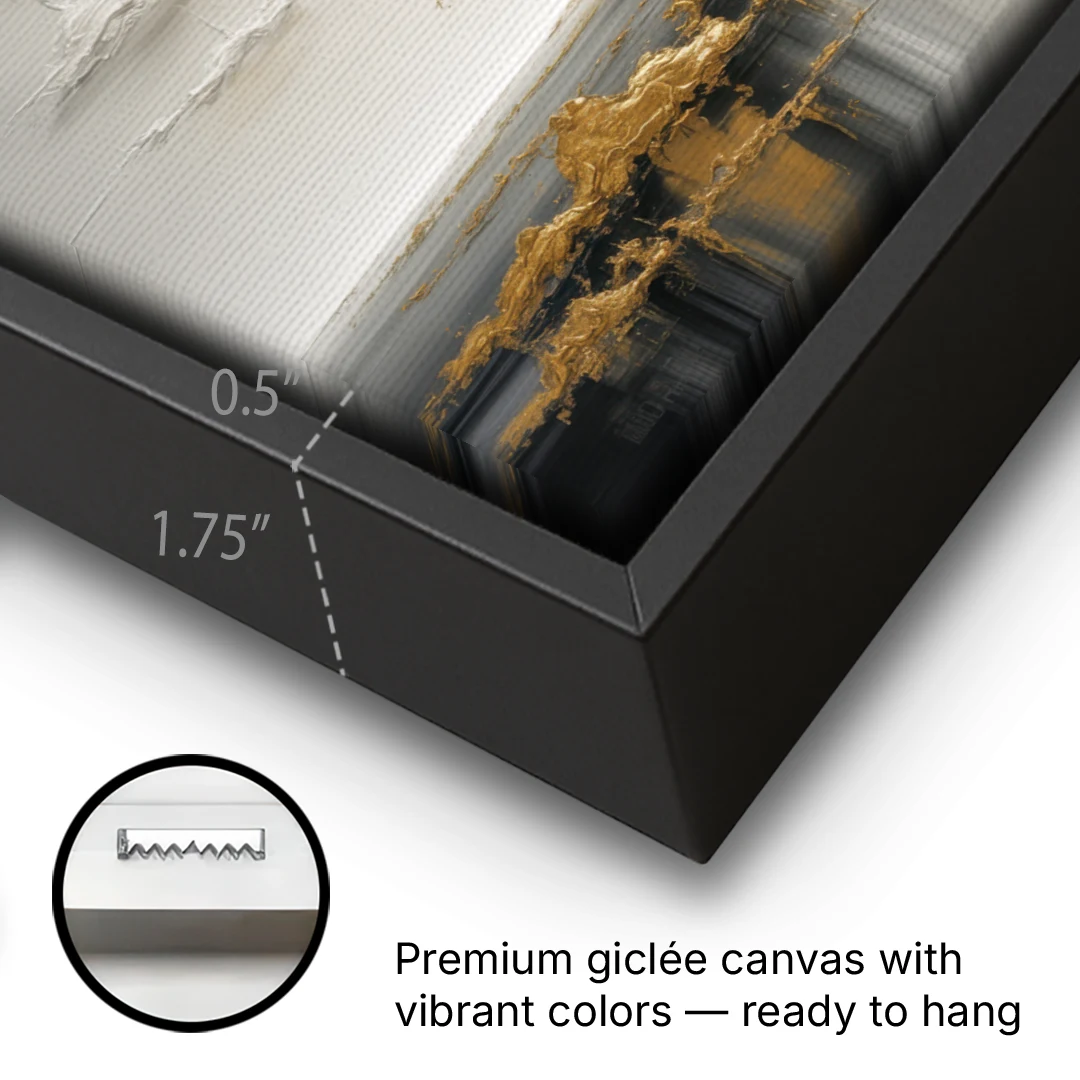 Majestic Tree Serenity White and Gold - Black Framed Canvas Wall Art - Gallery Wrap Corner