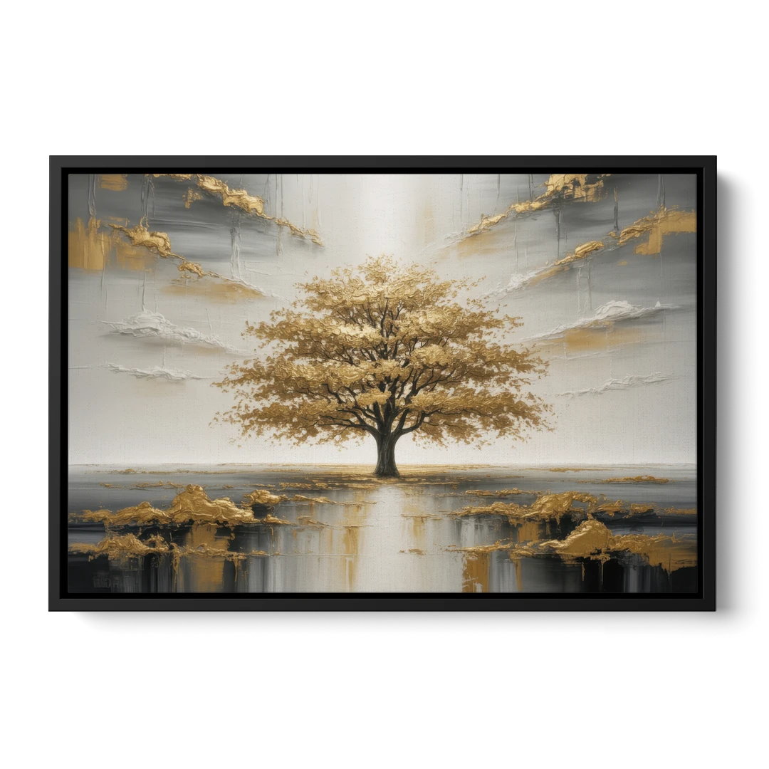 Majestic Tree Serenity White and Gold - Black Framed Canvas Wall Art - Front