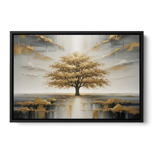 Majestic Tree Serenity White and Gold - Black Framed Canvas Wall Art - Front